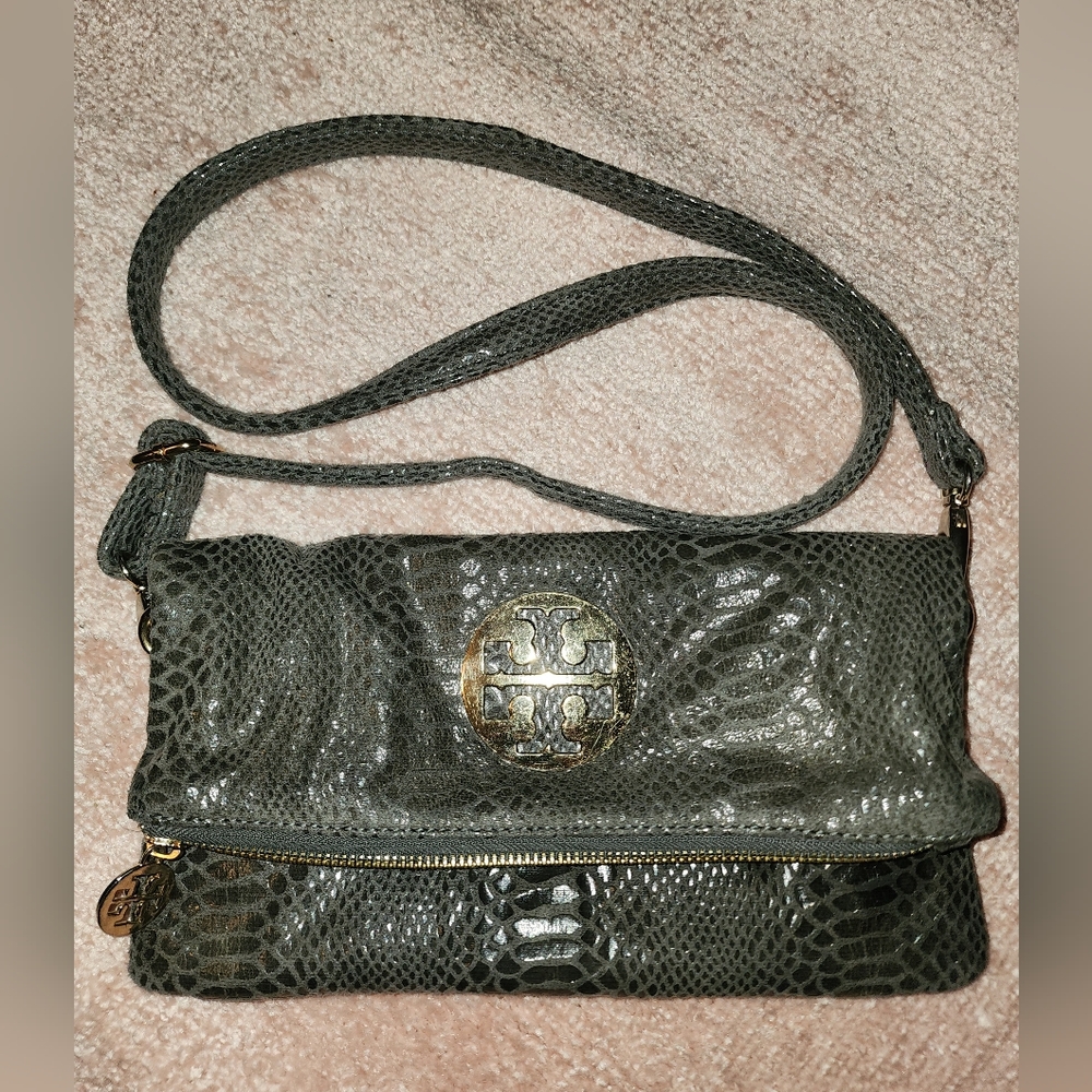 Tory Burch Grey Snakeskin Print Foldover Crossbody Clutch